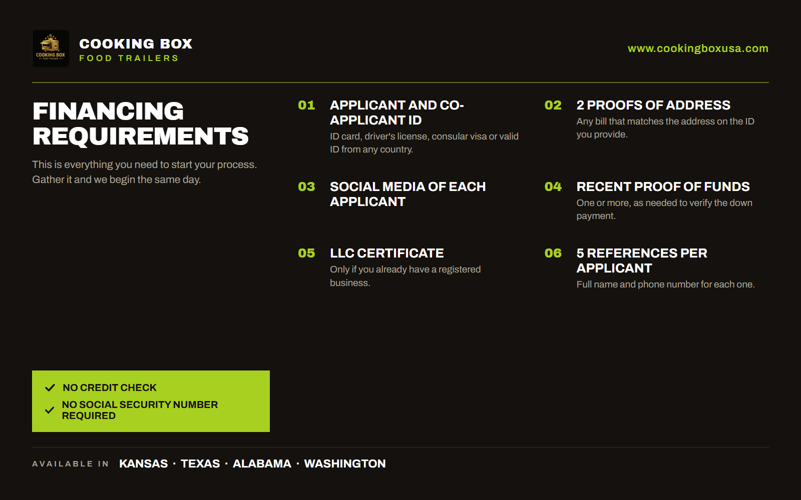 Food trailer financing requirements at CookingBox: applicant and co-applicant ID, two proofs of address, social media, proof of funds, LLC certificate and five references. No credit check and no Social Security Number required.